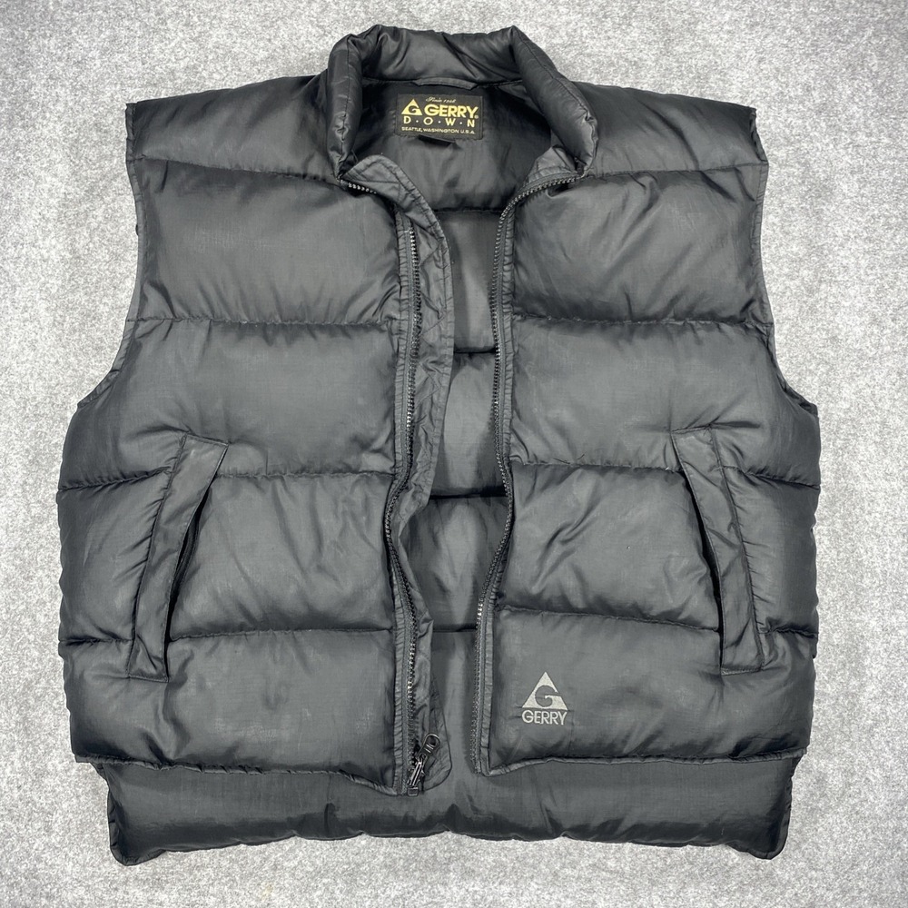 Gerry Vest Mens Medium Black Goose Down Puffer Full Zip Outdoor~vintage style~.